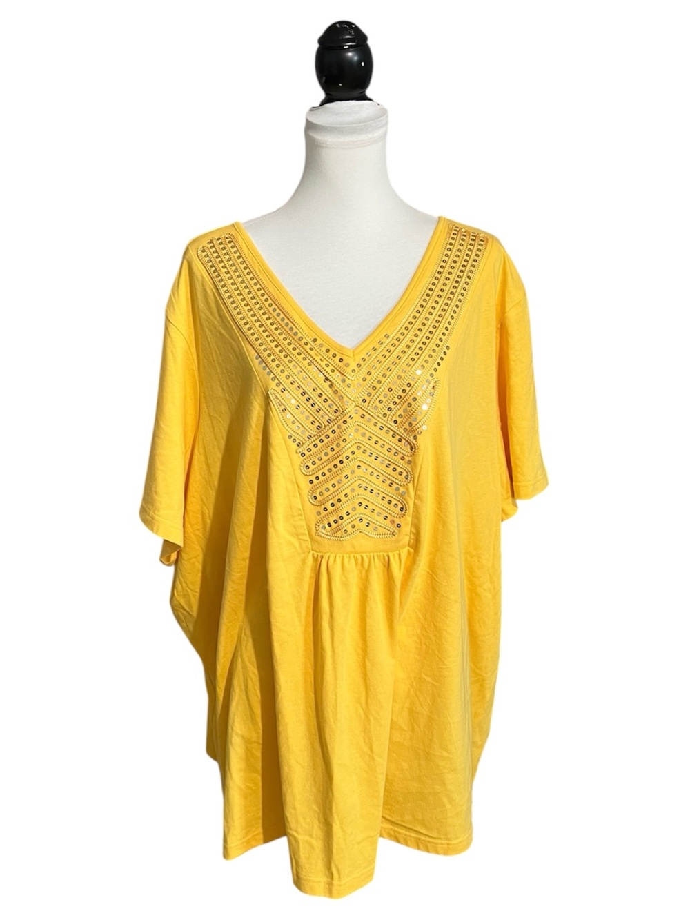 Denim & Co. Knit Top T Shirt Plus Size 5X 38/40 Yellow Sequined V Short Sleeve